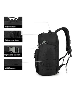 Detail view of tactical backpack features including bold handle, zippers and MOLLE system