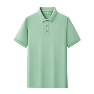 Detail view of light green men's short-sleeve polo shirt with three-button placket