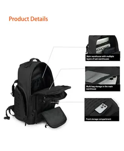 Close-up detail of black tactical backpack showing various interior storage compartments