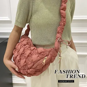 Trendy pink bubble pleated cloud crossbody bag for women made with soft down cotton texture