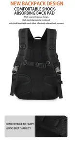 Detailed view of the comfortable shock-absorbing mesh back pad on black tactical backpack