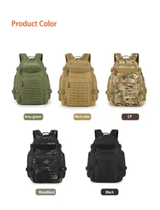 Detailed view of tactical camouflage backpacks in army green, mud, CP, woodland, and black