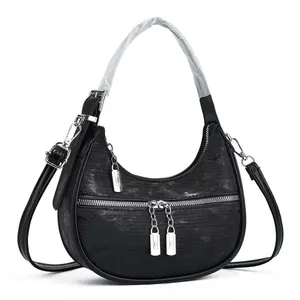 Women's Crescent Underarm Bag PU Leather Hobo Shoulder Bag Minimalist Solid Color Zipper Handbag Daily Commute Bag
