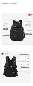 Detail view of tactical backpack features including MOLLE system and breathable back pad.