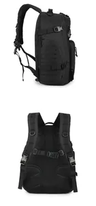 Detailed side and back views of a durable black tactical hiking backpack for outdoor camping