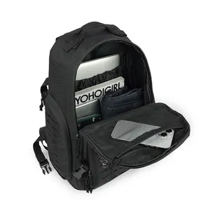 Detailed view of black tactical backpack interior with laptop and storage compartments
