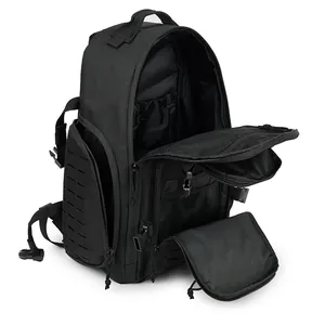Detail view of black tactical backpack showing multiple internal storage compartments.