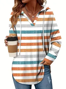 Women's plus size V-neck hoodie with orange and teal horizontal stripes detail view