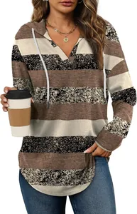 Close-up view of a women's plus size striped hooded sweatshirt with V-neck and drawstring