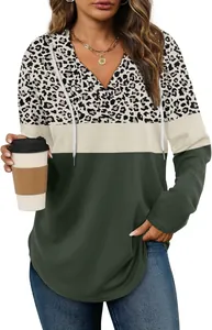 Detailed view of women plus size leopard color block hooded sweatshirt with V-neck