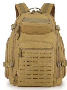 Professional large capacity khaki tactical backpack for outdoor hiking and camping.