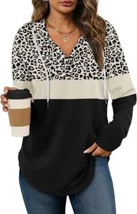 Casual women's leopard print color-block hoodie with a V-neck and white drawstrings