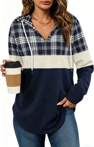 Close-up of women's plaid V-neck drawstring hoodie with stylish color-block design