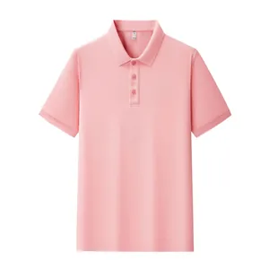 Classic men's pink short sleeve polo shirt with turnover collar and three buttons