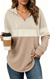 Women's color block V-neck drawstring hoodie sweatshirt in a loose casual fashion style