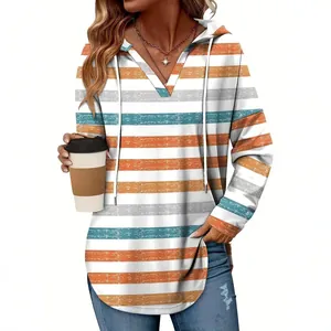 Women Plus Size Plaid Hooded V-Neck Sweatshirt Loose Printed Drawstring Mid-Length Long Sleeve Pullover Patchwork Top Hoodie