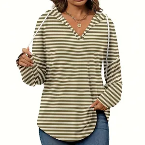 Loose fit women's striped V-neck hoodie with adjustable drawstrings in olive and white