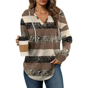 Women's plus size loose fit hooded V-neck sweatshirt with striped textured pattern