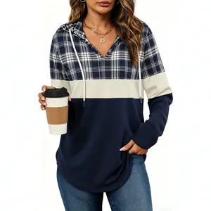 Casual plus size women's plaid color-block hooded V-neck sweatshirt with adjustable drawstring