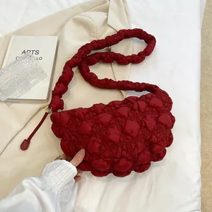 Stylish burgundy puffy quilted cloud bag for women, cozy winter dumpling shoulder purse