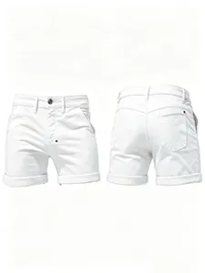 High-quality detail view showing front and back design of white slim fit denim casual shorts
