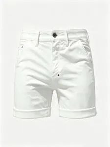 Detailed close-up view of white slim fit denim shorts featuring button and pocket design