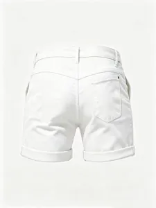 Back view of white slim-fit denim shorts with cuffed hems and back pocket detail