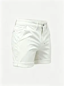 Detailed view of slim-fit white denim casual shorts with folded hem design