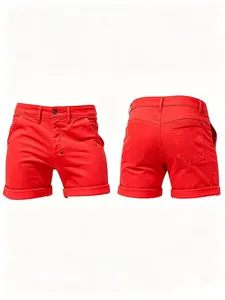 Detailed front and back view of red slim-fit solid color denim casual shorts
