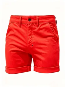 Front view of slim fit red casual shorts with cuffed hems and button fly