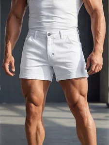 Pantalones Cortos de Mezcla Casual para Hombre Blanco Ajustado Algodón Dobladillo Enrollado Lavado Pantalones de Verano