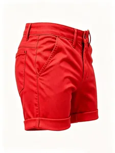 Side detail view of vibrant red slim fit chino shorts showing pocket and cuffed hem.