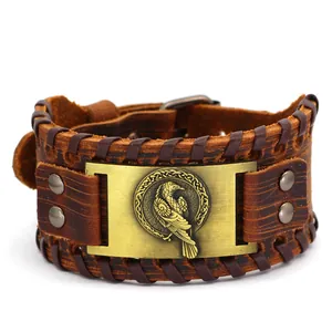 Bracciale vintage in pelle di mucca Viking Odin corvo per uomo con nodo celtico