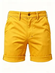 Detail showing the vibrant yellow slim-fit cuffed denim casual shorts for men with pockets.