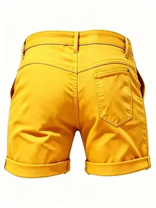 Detailed back view of women's slim fit solid color yellow denim casual hot pants shorts.