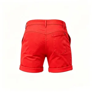 Vibrant red slim fit denim shorts for women with rolled hem and back pocket design.