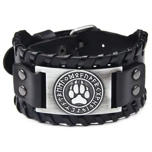 Retro Viking leather bracelet with Nordic runes and bear paw metal plate for men