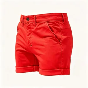 Bright red slim-fit casual denim shorts featuring a cuffed hem and modern style