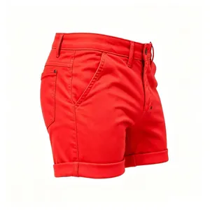 Red slim fit denim shorts with cuffed hem for European and American fashion style
