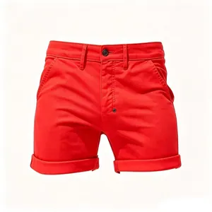Vibrant red slim-fit denim shorts for men featuring stylish rolled hems and button fly