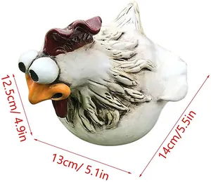Detailed view of a funny big-eyed chicken resin garden ornament with size measurements