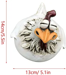 Funny big-eyed resin chicken ornament detail showing 14cm height and 13cm width specs