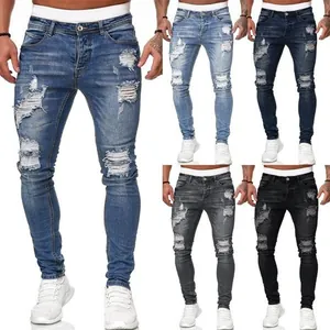 Showcase of men's ripped skinny jeans in five colors from light blue to black denim