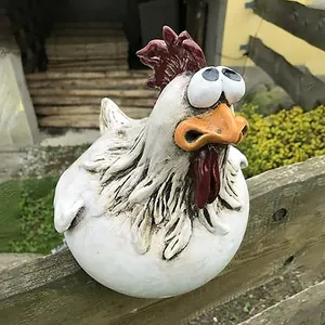 Funny resin chicken ornament with big eyes for garden fence decoration and outdoor art