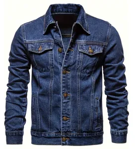 Front view of a classic men's slim-fit dark blue denim jacket with metal buttons.