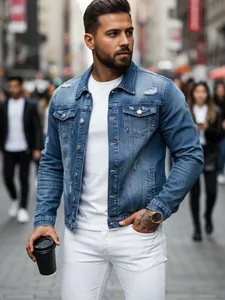 Classic men's slim-fit blue denim jacket with distressed details for a modern urban look