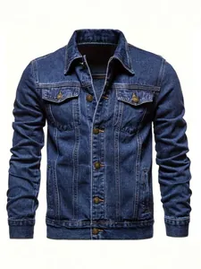 Professional classic men's slim fit dark blue denim jacket with functional pockets