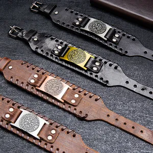 Men's vintage Viking Vegvisir compass totem wide leather bracelets in black and brown.