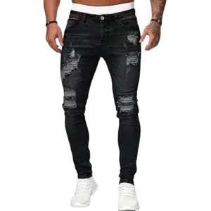 Men's black skinny ripped jeans, slim fit streetwear hip-hop denim with distressed details