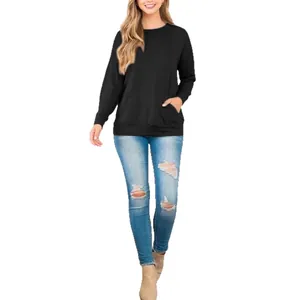Women's casual black crew neck long sleeve sweatshirt featuring a front pocket and soft fabric